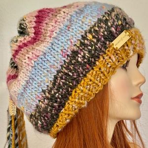Hand Knits 2 Love Slouch Beanie Hat Cap Decorative Beads Tassels Semi Chunky Fun